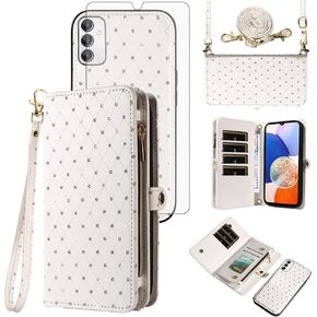 Asuwish Phone Case for Samsung Galaxy A14/M14 5G Zipper Wallet Detachable Cell Cover with Tempered Glass Screen Protector Crossbody Strap Glitter Flip Card Holder Slot A 14 4G 14A 14M G5 Women White