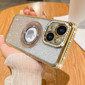 Losin Compatible with iPhone 15 Magnetic Glitter Case Compatible with MagSafe Luxury Bling Rhinestone Case with Logo View Plating Sparkle Diamond and Camera Lens Protection for Women and Girls, Gold