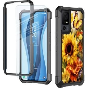 Case for TCL 40XL/TCL 40T/Jitterbug Smart 4 with Tempered Glass Screen Protector Dual Layer Rugged Drop Protection Case, Heavy Duty Full Body Shockproof Case for TCL 40XL/TCL 40T, Butterfly Sunflower