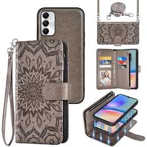 Asuwish Phone Case for Samsung Galaxy A05s/A05 Zipper Wallet Magnetic Detachable Cell Cover with Screen Protector Crossbody Lanyard Strap Flower Flip Card Holder Slot Ao5s Ao5 A 05s 05 Women Men Gray
