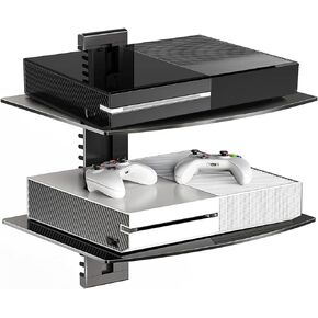 suptek Glass Floating Shelves, TV Wall Mount with Shelf for DVD Player / PS4 / Cable Boxes/Game Consoles/Sky Box/TV Accessories, Media Shelf, Flat Black Wall Mount Bracket, AV Shelf, 2 Tiers Shelves