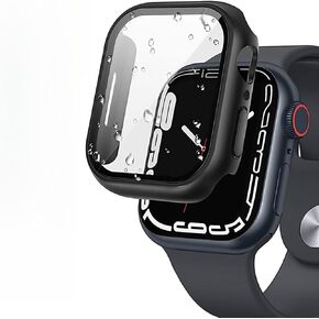 MANLENO Waterproof Hard Case with HD Screen Protector Compatible with Apple Watch Series 9 8 7 45mm Matte Ultra Thin Sratch Resistant Protective Case for iWatch Cover with Tempered Glass (Black)
