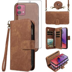 Asuwish Phone Case for Motorola Moto G84 5G Zipper Wallet Detachable Magnetic Cell Cover with Tempered Glass Screen Protector Crossbody Lanyard Strap Flip Card Holder Slot G 84 2023 Women Girls Brown