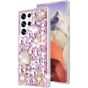 Losin Compatible with Galaxy S23 Ultra Bling Case for Women Girls Luxury 3D Sparkle Glitter Diamond Crystal Rhinestone Case Cute Shiny Gemstone Flower Design Shockproof Cover, Pink