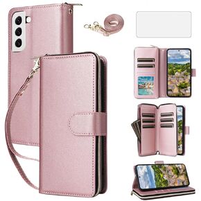 Asuwish Phone Case for Samsung Galaxy S22 5G Cover with Tempered Glass Screen Protector and Zipper Wallet Card Holder Slot Stand Flip Mobile Cell Accessories S 22 22S 4G G5 6.1 inch Women Rose Gold