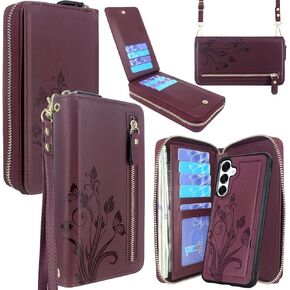 Lacass for Samsung Galaxy A16 5G Wallet Case,Crossbody Dual Zipper Detachable Magnetic Leather Wallet Case Cover Wristlets Wrist Strap 13 Card Slots Money Pocket(Floral Cyan Green)