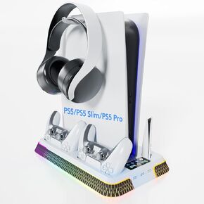 PS5 Stand, PS5 Cooling Station, PS5 Slim Stand PS5 Pro Stand RGB and Turbo Fan, Controller Charging Station for PlayStation 5 Console, PS5 Pro Accessories for Digital Disc Drive