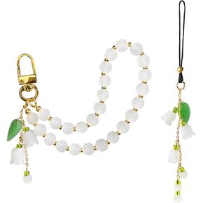 Cell Phone Wrist Strap and Lily of the valley Phone Charm，Keychain Beaded Cellphone Lanyard,Hands-Free iPhone Wrist Strap for Women