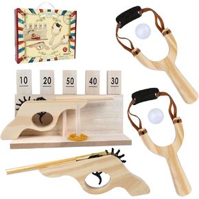 Wooden Multi-Shot Rubber Band Pistol Wooden Slingshots Toy Wooden Number Target Stand for Kids and Adults Wooden Rubber Band Gun and Catapult Game Set Gift for Party and Family Gatherings