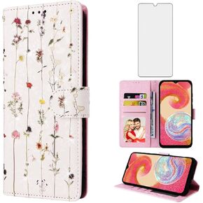 Asuwish Phone Case for Samsung Galaxy A04e Wallet Cell Flip Cover with Tempered Glass Screen Protector Flower Card Holder Slot Stand Lanyard Wrist Strap Rugged AO4e A 04e Women Men Dried Flower