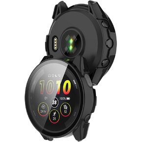 Smartwatch Full Coverage PC Protective Case Cover with Tempered Glass Screen Protector Compatible with Garmin Forerunner 165/Forerunner 165 Music Smartwatch Accessories(Black)