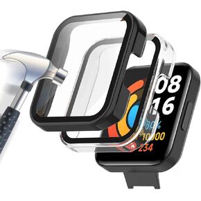 Pack of 2 Case with Tempered Glass Screen Protector Compatible for Xiaomi Redmi Watch2 Lite, 9H Hardness, 360° All-Round Protective Case, Ultra Thin Protective PC Case, Black + Transparent