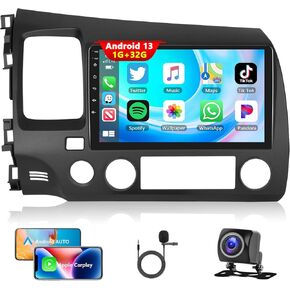Podofo Android 13 Car Stereo for Honda Civic 2006 2007 2008 2009 2010 2011 with Wireless Carplay Android Auto,9 Inch Touch Screen Car Radio with Mirror Link,BT,GPS,WiFi,SWC+AHD Backup Camera+MIC