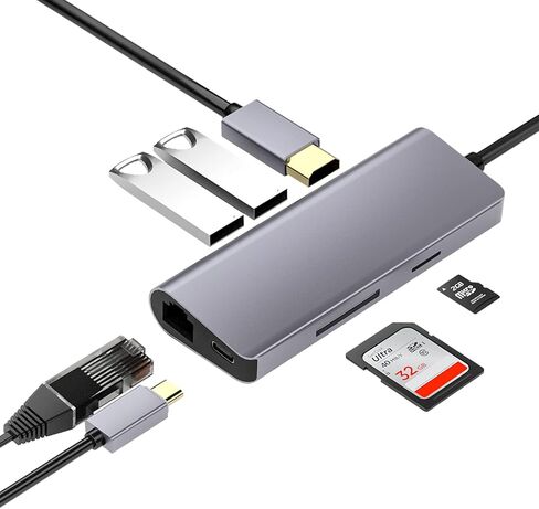 USB C Hub HDMI Adapter, 7-in-1 Type C Hub to HDMI 4K, 2 USB 3.0 Ports, SD/TF Cards Reader, 60W Power Delivery Dock, Gigabit Ethernet Hub for MacBook Pro 13/15, 2018 Mac Air, Chromebook (Grey) in Saudi Arabia