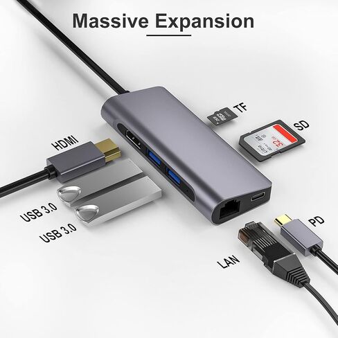 USB C Hub HDMI Adapter, 7-in-1 Type C Hub to HDMI 4K, 2 USB 3.0 Ports, SD/TF Cards Reader, 60W Power Delivery Dock, Gigabit Ethernet Hub for MacBook Pro 13/15, 2018 Mac Air, Chromebook (Grey) in Saudi Arabia