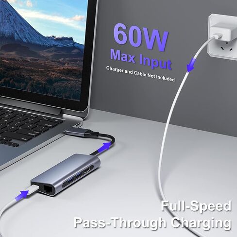 USB C Hub HDMI Adapter, 7-in-1 Type C Hub to HDMI 4K, 2 USB 3.0 Ports, SD/TF Cards Reader, 60W Power Delivery Dock, Gigabit Ethernet Hub for MacBook Pro 13/15, 2018 Mac Air, Chromebook (Grey) in Saudi Arabia
