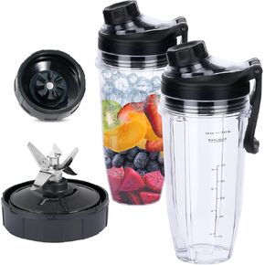 Replacement 7 Fins Male Blade&24oz Blender Cups with New Lids Compatible For Nutri Ninja Auto iQ Blender .4 Inch Male 7 Fins Blade