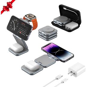 Wireless Charger & Portable Travel Charging Station, Foldable Magnetic Stand, 15W Fast Magnetic Wireless Charger for iPhone 16/15/14/13, Apple Watch & AirPods (Adapter Included)