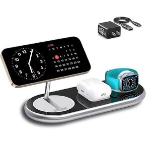 Fast Wireless Charger for iPhone, 3 in 1 Multi Chargers for Apple Devices, Magnetic Wireless Charging Pad for iPhone 15 14 13 12 Series Apple Watch AirPods. (Black-W/Adapter)