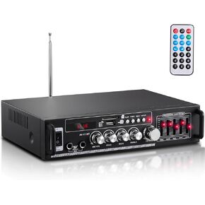 Facmogu AV-111BT HIFI Stereo Equalizer Amplifier, 2 Channel 120W Audio Amplifier with 5-Band EQ for Home Theater Karaoke, Bluetooth Stereo Power Amp Receiver w/USB/SD/RCA/FM/2 Mic in, Remote Control