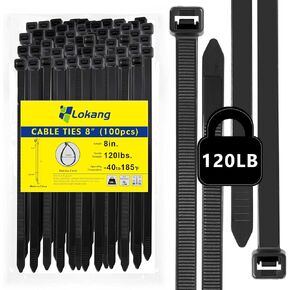 Cable Zip Ties 8 Inch Strong Black Assorted Cable Ties 100 Pack, 120 LBS Tensile Strength Heavy Duty Zip Ties, Multi-Purpose Self-Locking Cable Cord Management, Wire Ties for Indoor and Outdoor
