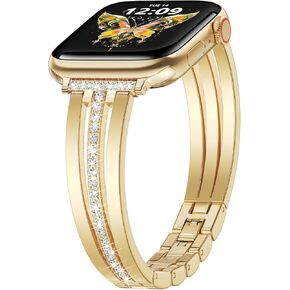 AIRSPO Slim Gold Band Compatible with Apple Watch 38mm 40mm 41mm 42mm 44mm 45mm 46mm Women Thin Metal Strap Dressy Jewelry Bracelet with Bling Diamond for iWatch Bands Series 10 9 8 7 6 5 4 3 SE