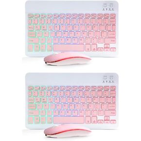 2 Pack Ultra-Slim Bluetooth Keyboard and Mouse Portable Mini Wireless Keyboard Rechargeable 7-Color Backlit for Apple iPad iPhone Samsung Tablet iPhone Smartphone iOS Android Windows,(10 inch Pink)