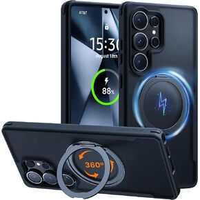 All-in-one 360° Rotatable Stand Case Designed for Samsung Galaxy S25 Ultra Case [18FT Military Drop Protection] [Compatible with MagSafe] Matte Slim S25 Ultra Case, Translucent Black