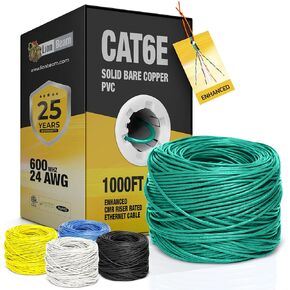 LION BEAM™ Cat6e Enhanced Ethernet Cable 1000 FT Box 24AWG PVC-CMR Insulated Solid Bare Copper Internet Cable 600 MHz, Provides High-Speed 10Gbps, UTP Bulk Ethernet Riser Cable with Fast Reel, Blue