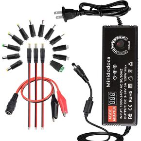 120W Power Supply Adjustable DC 3V ~ 24V Variable Universal Switching AC/DC Adapter Minidodoca AC to DC Converter with LED Voltage Display and 16 Tips, for 3V to 24V Household Electronics - 5000mA Max