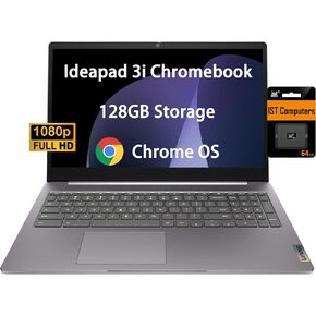 Lenovo Chromebook 15 (15.6" FHD Display, 4GB RAM, 128GB Storage (64GB eMMC + 64GB SD Card) 2TB Cloud Storage, Intel Celeron), Home & Student Laptop, Webcam, Wi-Fi 6, 10-Hr Long Battery Life, Chrome OS