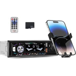 Bluetooth 5.0 Audio Single Din Car Stereo FM Receiver Digital Music Radio with Mobile Phone Holder Support AUX TF Input USB Playback & Charging Colorful Button Lights & Remote
