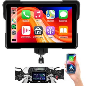 7'' Motorcycle Carplay Screen, Rimoody Wireless Apple CarPlay & Android Auto with Design Mount Waterproof Touchscreen Supports GPS Navigation/Bluetooth Transmission/EQ