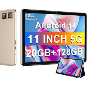 Tablet 2024 11 Inch Tablet Android 14 Tablets with 128GB + 20GB Large Storage, Octa-Core 2.0Ghz, 8000mAh,18W Fast Charging, 5G WiFi, GPS, 5+13MP Camera, Widevine L1, Face Unlock-Gold