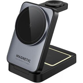 MALOM W91 3-in-1 Multifunctional Wireless Magnetic Charger for iPhone, Apple Watch, AirPods, Foldable, Nightlight (Black)