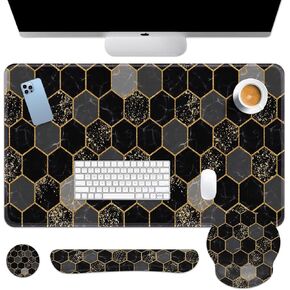 Arttown Heysctric Desk Mat Marble Mouse Pad 4 in 1 Hexagon Honeycomb Design Black -Ergonomic Design Warge Mouse Pad + Keyboard Rest + Mouse Wrist Rest + Coaster مناسبة للعبة دراسة المكتب المنزلي