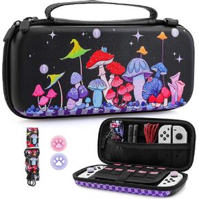 Mushroom Carrying Case for Nintendo Switch & OLED Console, Black Hard Travel Case Shell Pouch, Cute Girl Boy Storage Carry Bag with Shoulder Strap, Thumb Cap for Nintendo Switch Accessories