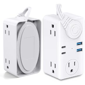 Flat Plug Power Strip, 3Ft Wrapped Travel Extension Cord, 6 Outlets 4 USB Ports(2 USB C), Cruise Ship Travel Dorm Room Essentials
