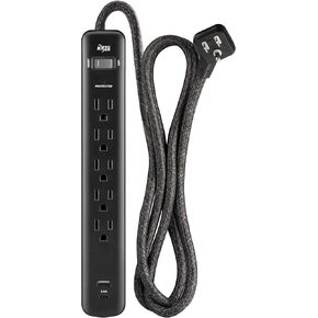 KMC 5-Outlet Surge Protector Power Strip, 1 USB-A & 1 USB-C Port, 840J Surge Protectors, 6ft Braided Extension Cord, Flat Plug, Black Power Strip Surge Protector, ETL/UL Certified Power Strips, Black