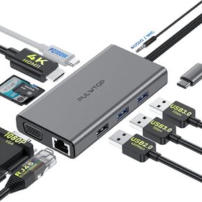 Laptop Docking Station 10 in 1 USB C Hub Multiport Adapter, 1*HDMI 4K 30Hz,VGA, Ethernet, USB 3.0, USB A 2.0, TF/SD, Audio, MacBook Dongle for MacBook Dell Hp Lenovo Laptop Type C Devices