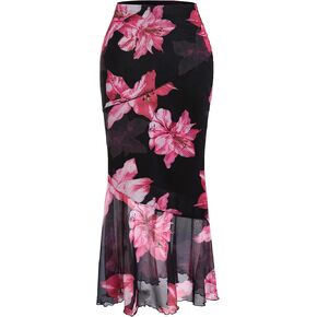 Verdusa Women's Floral Print High Waist Bodycon Ruffle Hem Fishtail Long Skirt