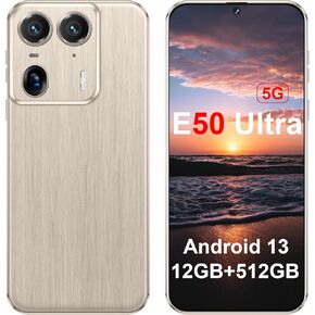 E50 Ultra 5G Unlocked CellPhones 2025 Android 13 Android Phone 6.8-inch HD Screen 48MP+108MP Camera 12GB+512GB 10-Core Smartphone 6800 mAh Long Battery Dual SIM(Golden)