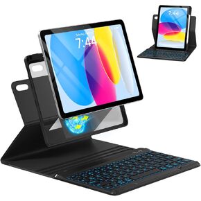 Magnetic Keyboard Case for iPad 10th Generation 10.9 inch, 7 Color Backlit Detachable Wireless Keyboard 360 Rotatable Cover with Pencil Holder for New iPad 10th Gen 2022 - Black