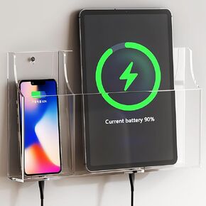 VANCORE Clear Wall Mounted Phone Holder Acrylic Remote Control Holder Media Organizer Caddy with Holes for Charging Phone Tablet Holder (Two Compartments)