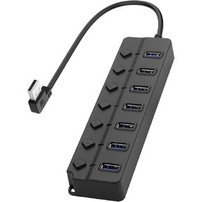 90 Degree USB Hub Splitter YACSEJAO USB 2.0 Data Hub with Individual LED Button On/Off Switch DC5.5 * 2.1 Power Port for Laptop,PC Computer (7 Ports, 0.3M)