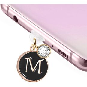 ELISE & FONDA TP39 New Type-C Charging Port Anti Dust Plug Tiny Round Letter M Cell Phone Charm for Samsung/onePlus/Xiaomi/Oppo Android Phone iPhone 15/16 (Black)