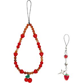 Meefisher 2 PCS Cute Strawberry Cherry Beaded Phone Charms Red White Lanyard Aesthetic Cell Phone Strap Pearl Wrist Beads Chain Charm Sweet Gifts