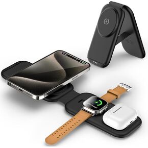 3 in 1 Magnetic Wireless Charging Station for Apple Device, Fast Mag-Safe Charger Stand, Travel Charging Pad for iPhone 15/14/13/12, iWatch Series 9-2, AirPods 3/2/Pro 2/Pro (Adapter Included)