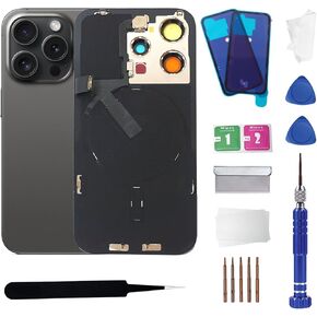 15pro بديل للزجاج الخلفي مع شحن اللاسلكي شحن الكابل المرن وإطار الكاميرا جميع الأجزاء لجهاز iPhone 15 Pro (6.1inch ، Black Titanium) استبدال الشريط المقاوم للماء المعدات