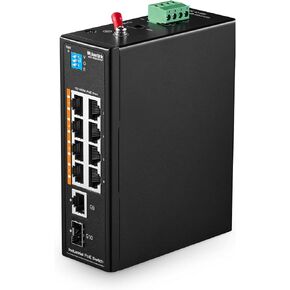 MokerLink 10 Port PoE Industrial Din Rail Switch, 8 Ports PoE+ 100Mbps IEEE802.3af/at, 1 Gigabit Ethernet and 1 SFP Uplink, Vlan & Extend Mode, DIN-Rail & Wall Mount in Kuwait